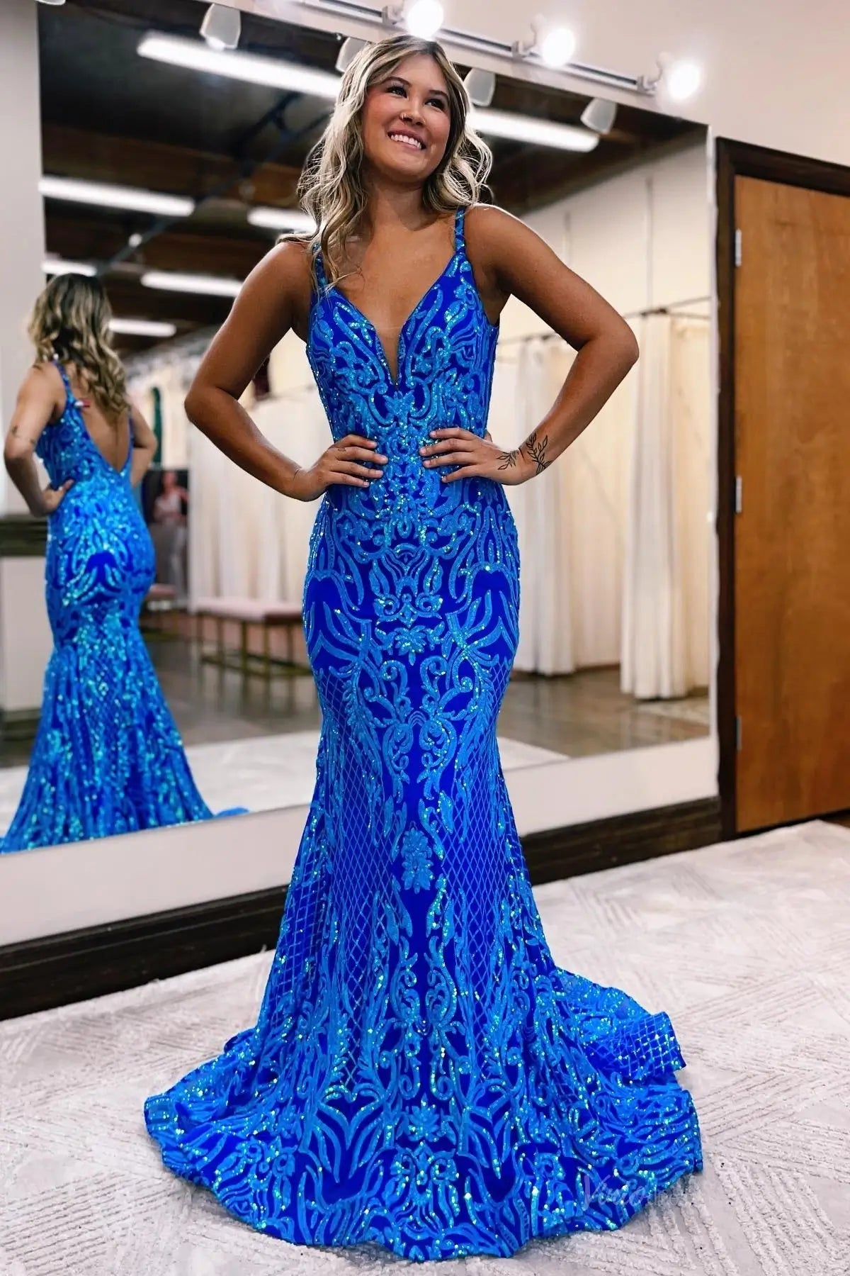 Royal Blue Sequin Mermaid Prom Dress with Plunge V & Open Back – SQ038 – Viniodress