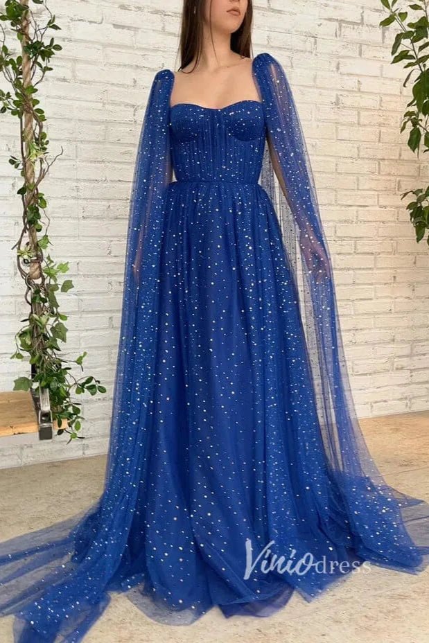 Royal Blue Star Prom Dresses Long Cape Sleeve Formal Evening Gown FD27 – Viniodress