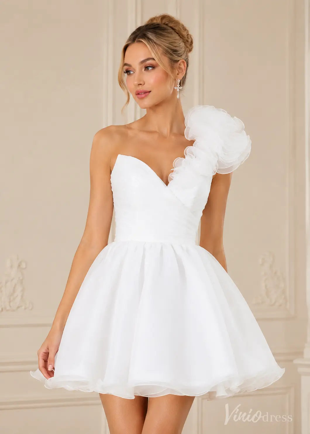 White S26098 organza short dress with a strapless sweetheart neckline and ruffled one-shoulder detail.