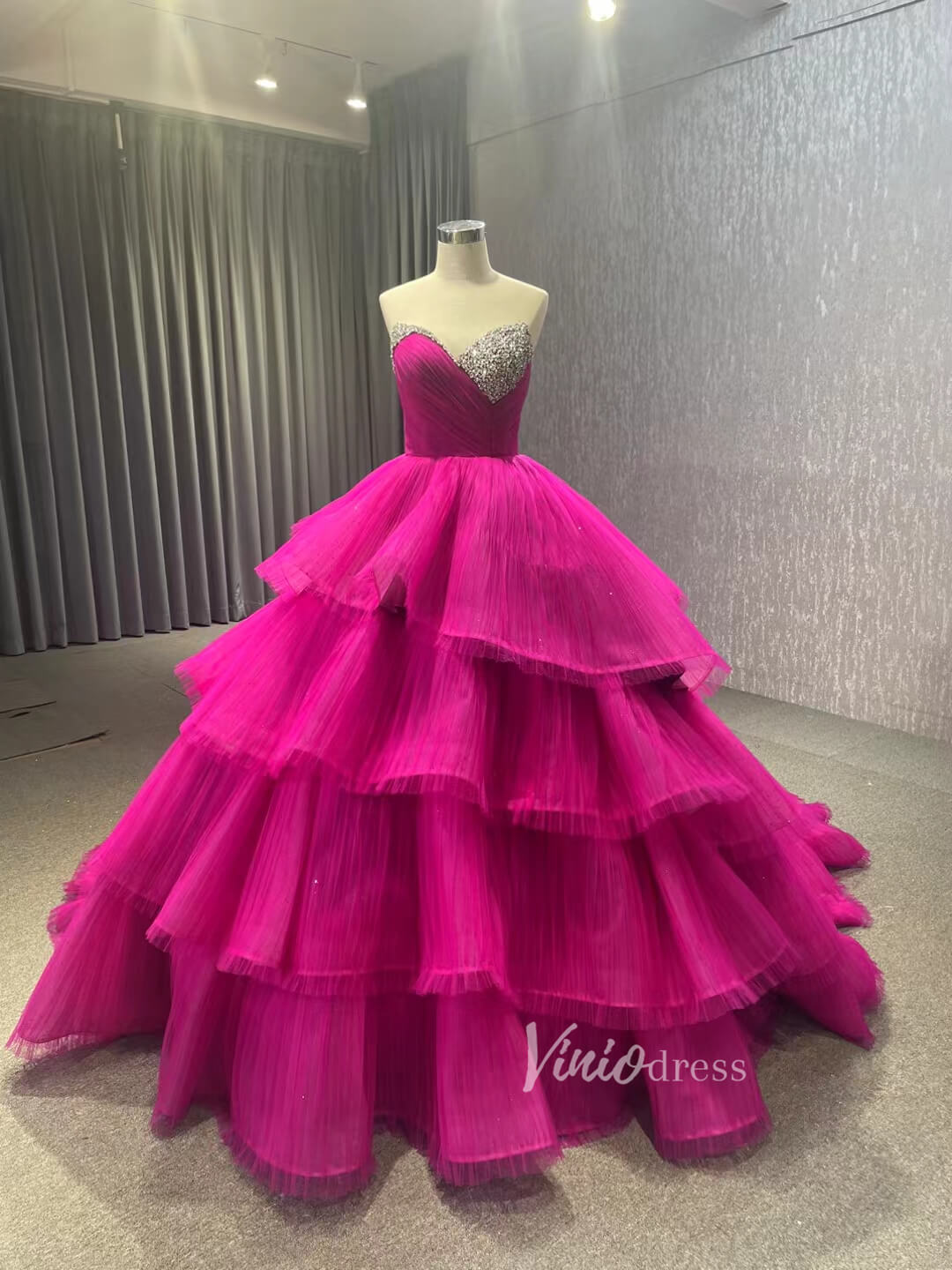 Ruffled Fuchsia Wedding Dresses Tiered Ball Gowns Corset Back 231068 – Viniodress