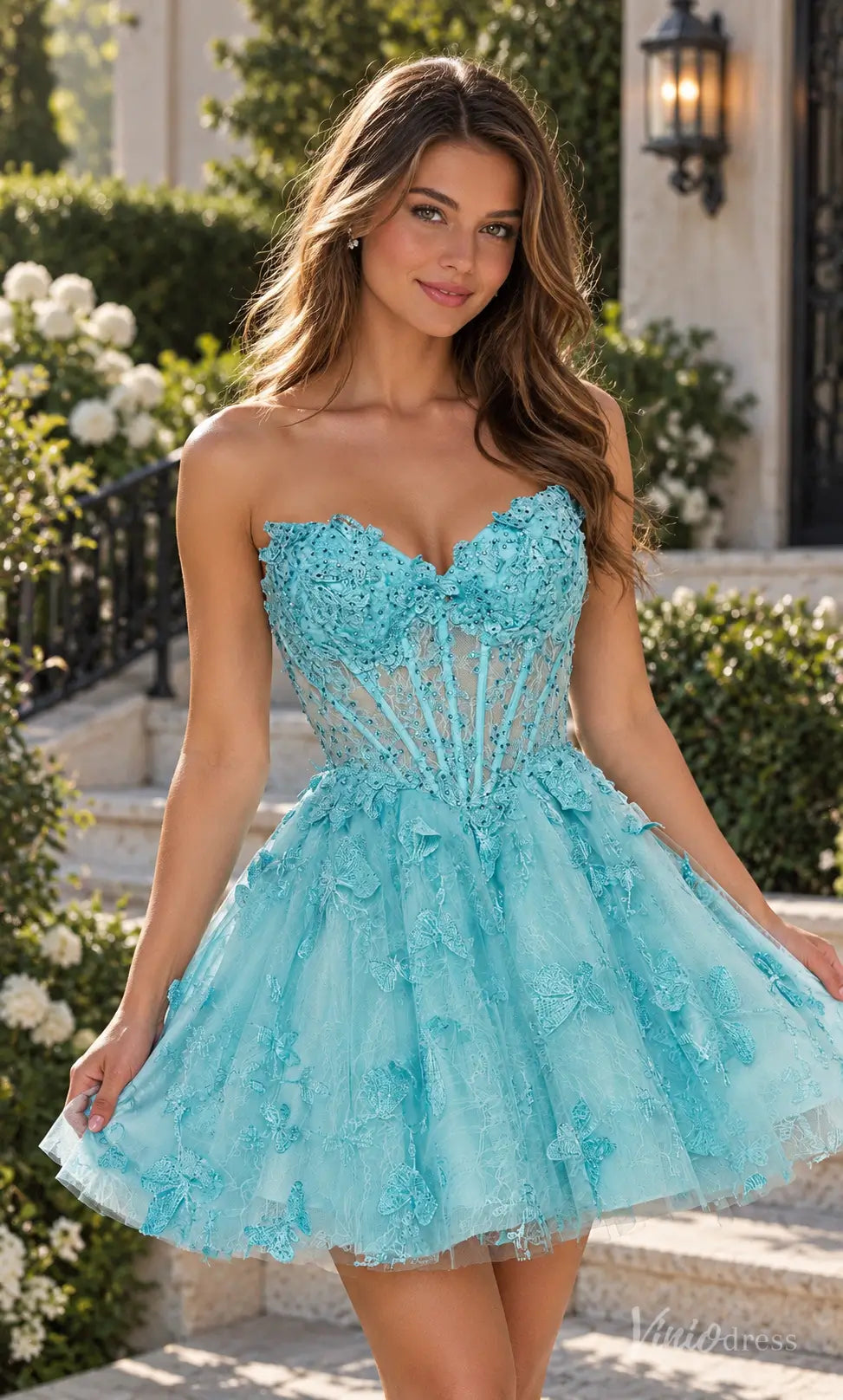Aqua Blue Butterfly Corset Homecoming Dress with Sweetheart Neckline - S26159