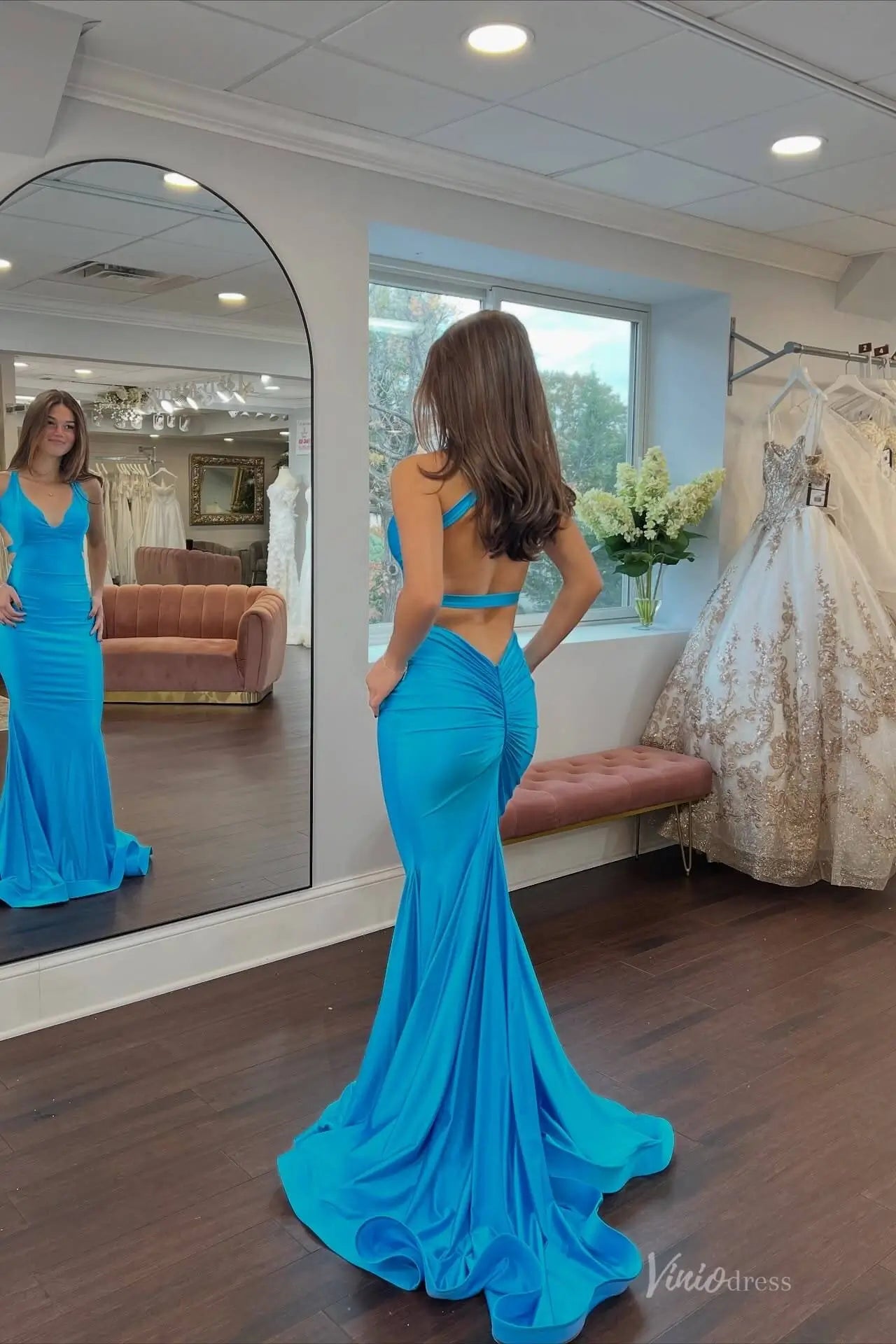 Turquoise Blue Halter Neck Mermaid Prom Dress with Sleek Fitted Bodice, Open Back & Sweep Train – SS148