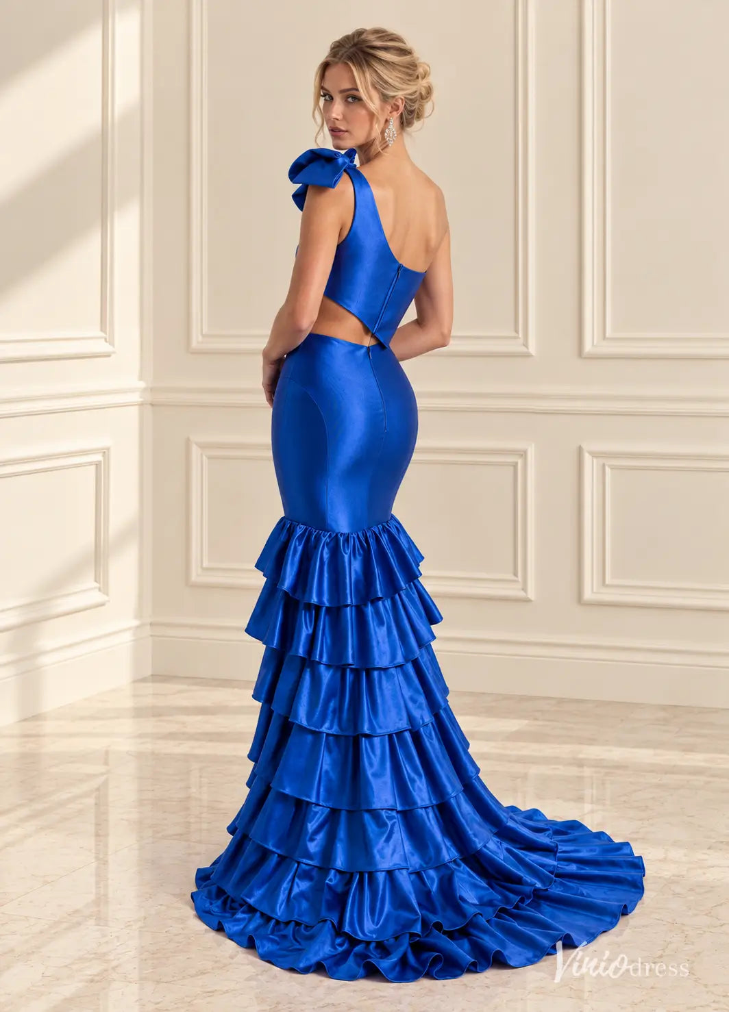 One Shoulder Satin Mermaid Prom Dresses with Bow, Cutout Waist & Tiered Ruffle Skirt SS427
