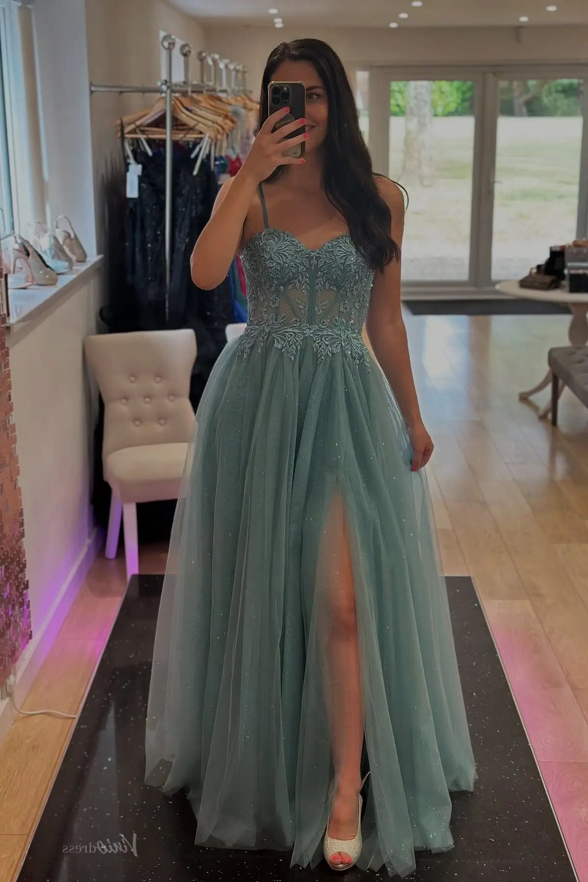 Sage Green Beaded Lace A-Line Prom Dress with High Slit – TU009 – Viniodress
