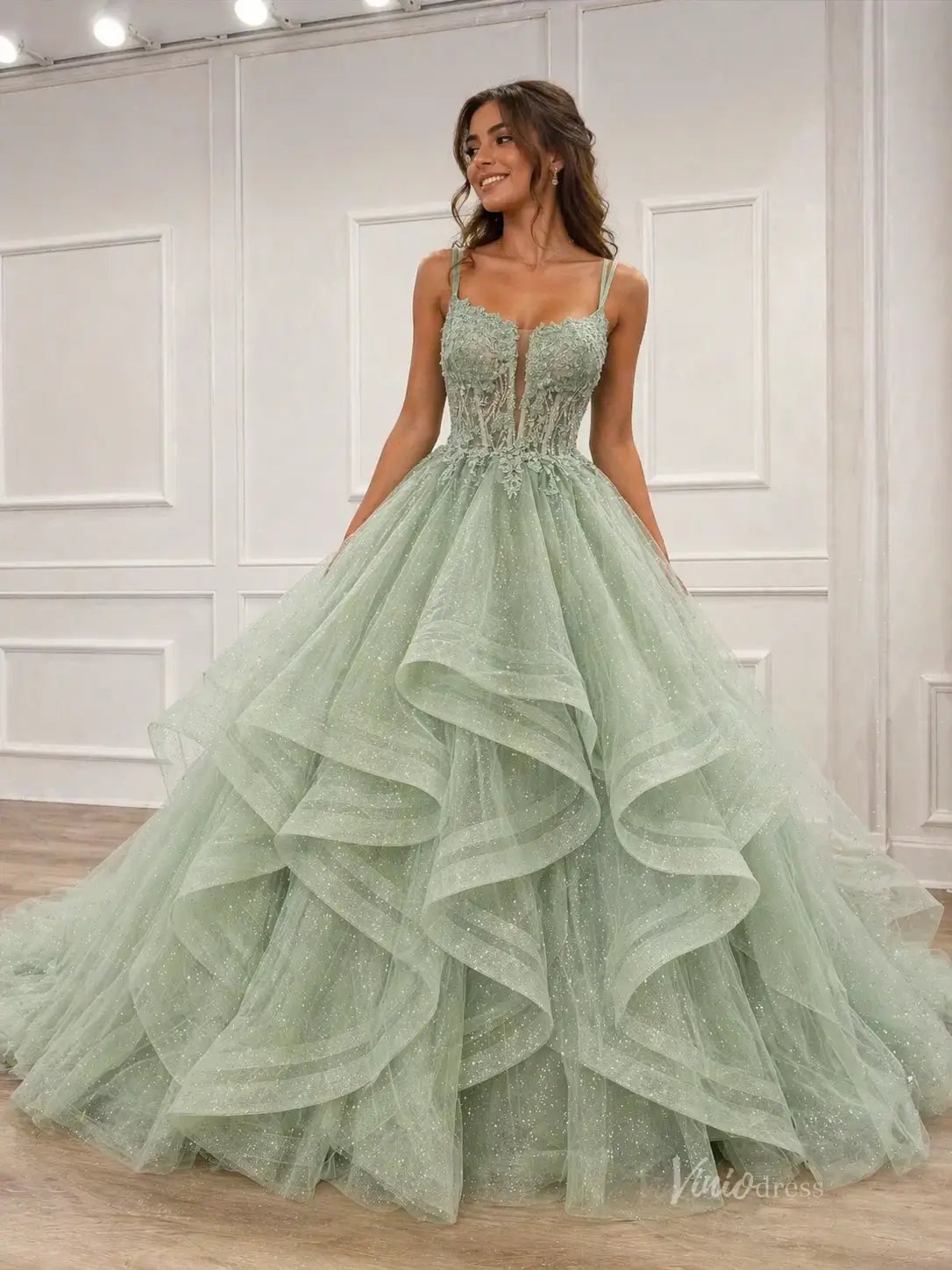 Sage Green Glitter Tulle Ball Gown Prom Dress with Lace Corset – LY028 – Viniodress