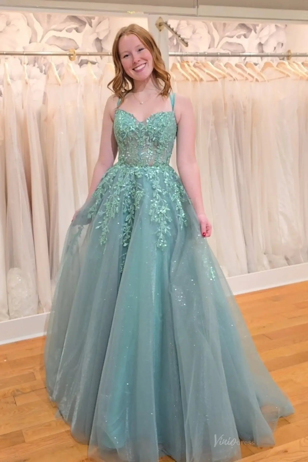 sage green tulle dress Lace Appliqué Glitter Prom Ball Gown – TU012 – Viniodress polka-dot Size:48W/32L feminine look This dress Stella McCartney Long Sleeve