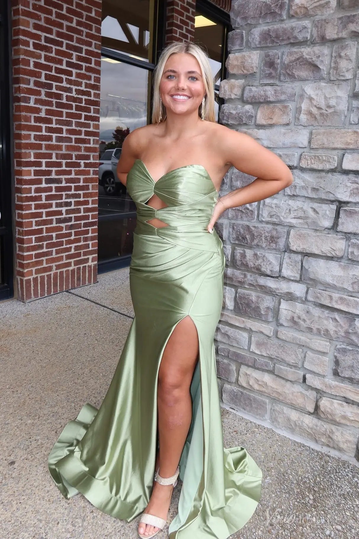 Sage Green Satin Mermaid Prom Dress with Cutout & High Slit – SS174 – Viniodress