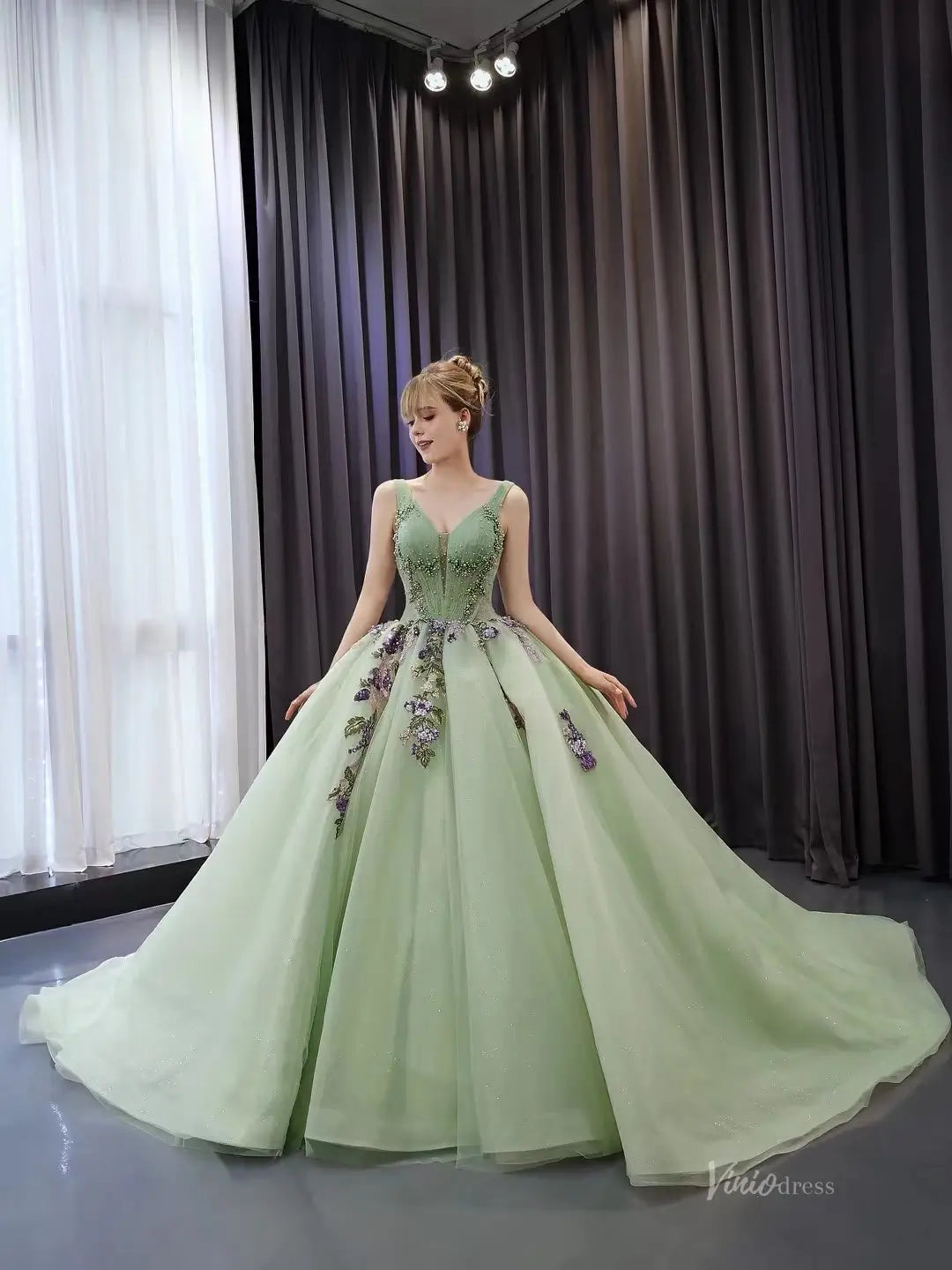 Sage Green Tulle Ball Gown Wedding Dress