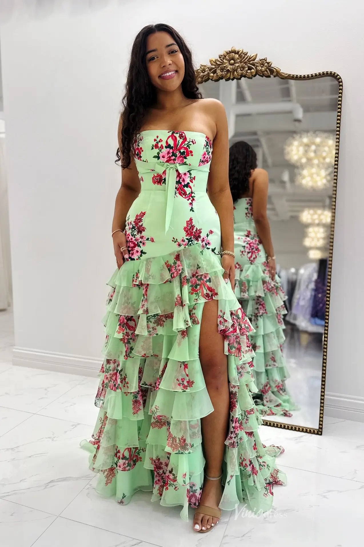 Sage Strapless Floral Mermaid Prom Dress with Tiered Chiffon Skirt & H – Viniodress