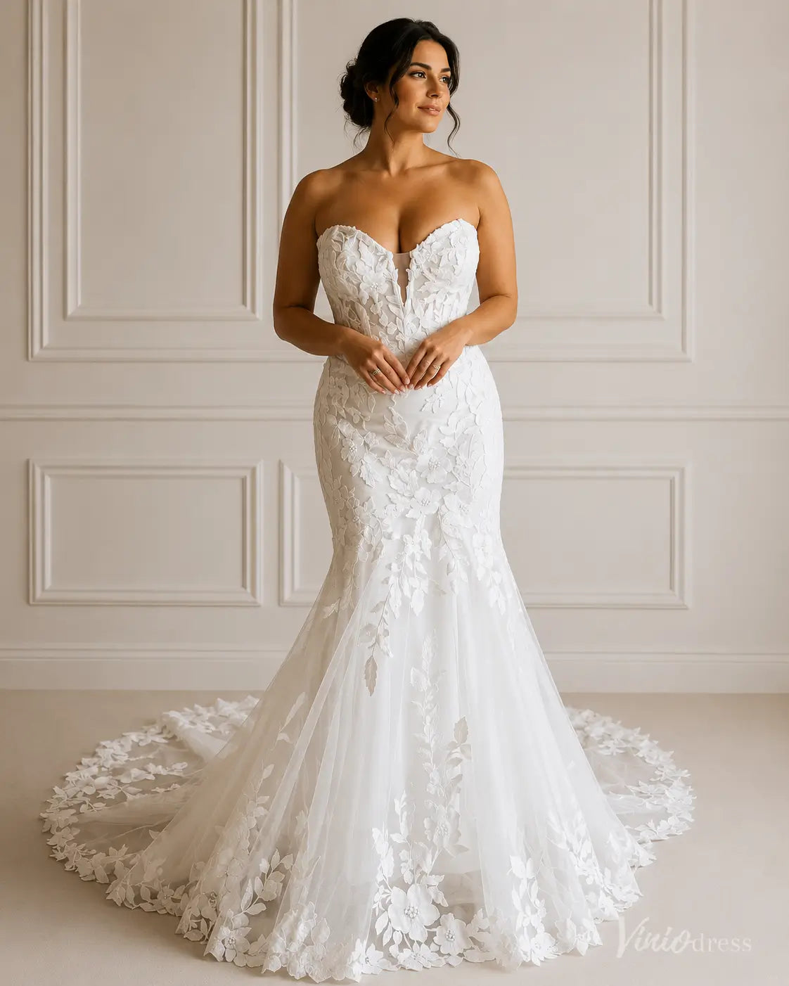 Floral Lace Mermaid Wedding Dress with Plunging Neckline