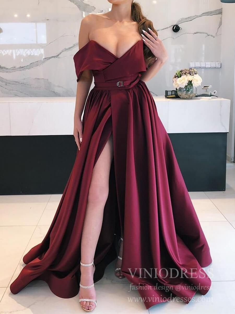 Sexy Burgundy Satin Prom Dresses with Belt Off the Shoulder Formal Dre – Viniodress
