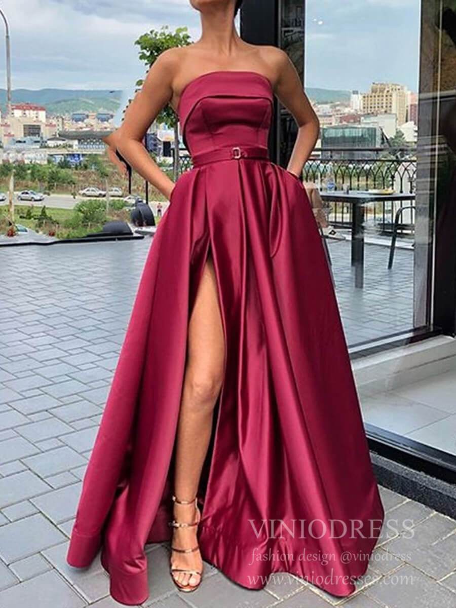 Sexy Thigh Split Strapless Burgundy Satin Prom Dresses with Pockets FD – Viniodress