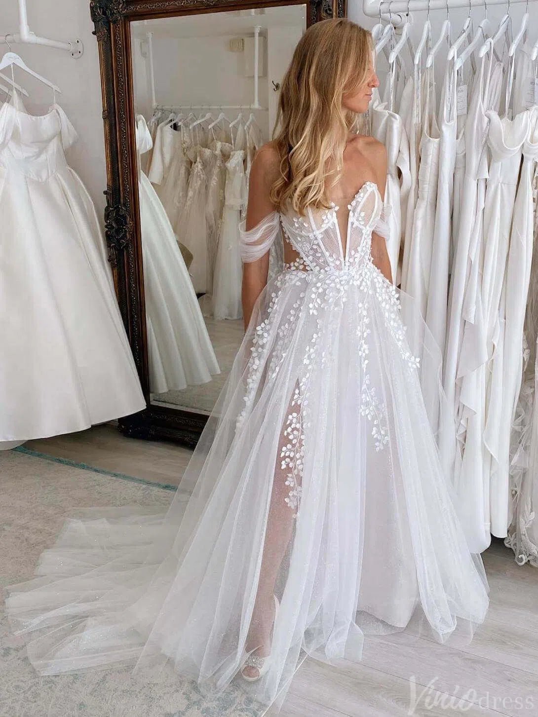 Sheer Lace Applique Wedding Dresses with Slit Off the Shoulder Beach B – Viniodress