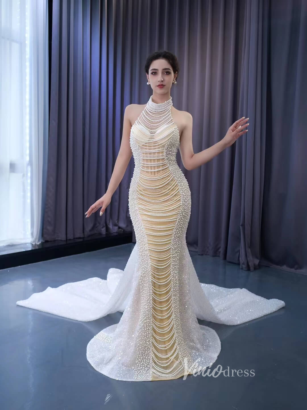 Sheer Pearl Mermaid Wedding Dresses Halter Neck Bridal Dress 231033 – Viniodress