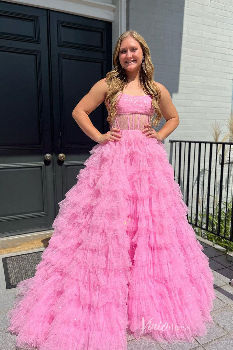 Shimmering Blue Ruffle Prom Dresses Sheer Boned Bodice Formal Gown FD4091-prom dresses 2025 -Viniodress-Blue-Custom Size-