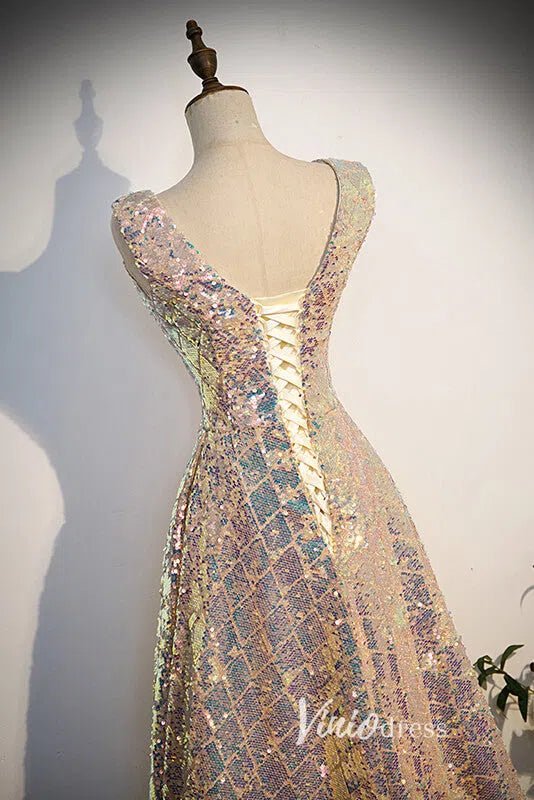 Shimmering Sequin Prom Dresses with V-Neck FD3513-prom dresses 2025 -Viniodress-Champagne-Custom Size-