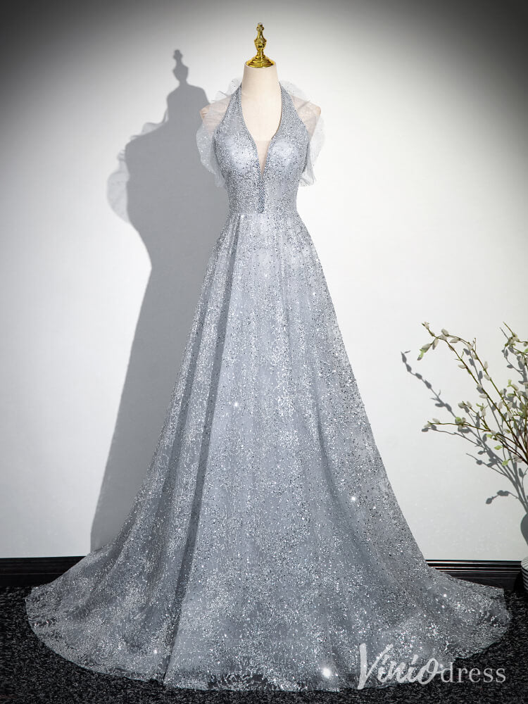 Shimmering Silver Halter Neck Prom Dresses Sparkly Tulle Bow-Tie Eveni – Viniodress