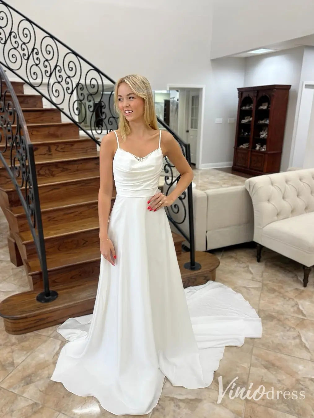 VW2616 Simple A-Line Wedding Dress with Pearl Neckline & Train – Viniodress