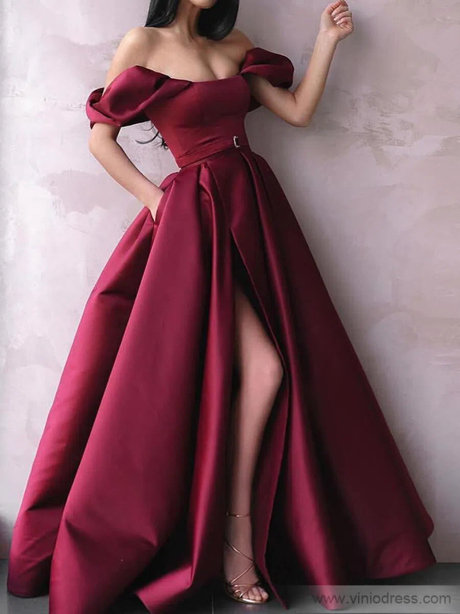 Simple Long Burgundy Prom Dresses with Slit and Pockets FD1260 – Viniodress