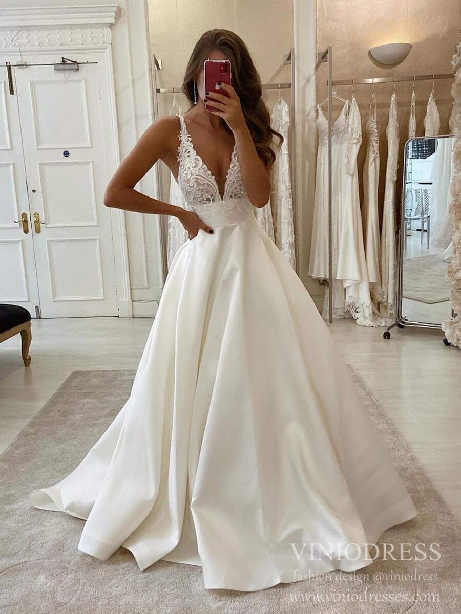 plain bridal dresses Simple Minimalist Wedding with Pocket Satin Gown VW1550 – Viniodress attribute:silhouette:fit-&-flare albertaferretti sketch of Taylor's featuring a romantic sweetheart Core Colors:Loden Green
