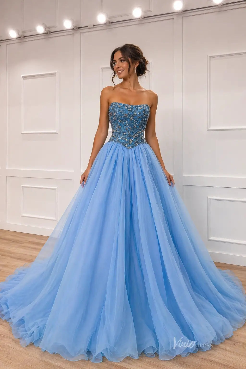 Sky Blue Beaded Strapless Organza Pageant Gown – PG027 – Viniodress
