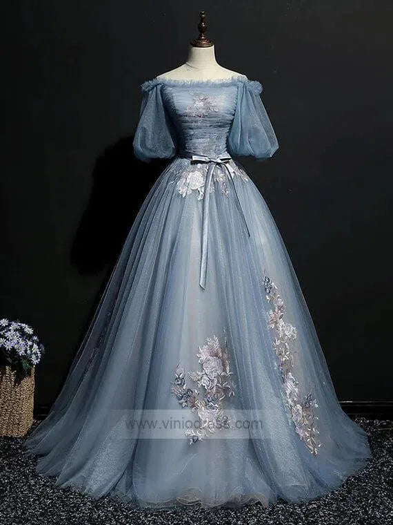 Slate Blue Long Prom Dresses Off the Shoulder Princess Dress FD1042 – Viniodress