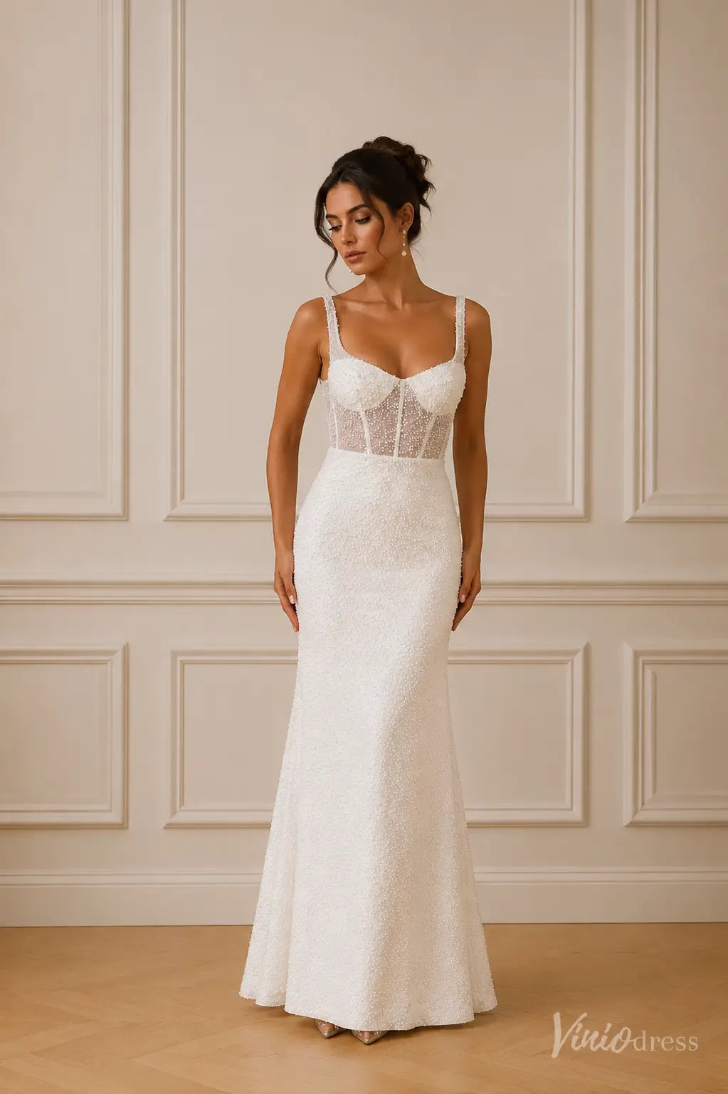 Pearl Beaded Sheath Wedding Dress with Sheer Corset Bodice