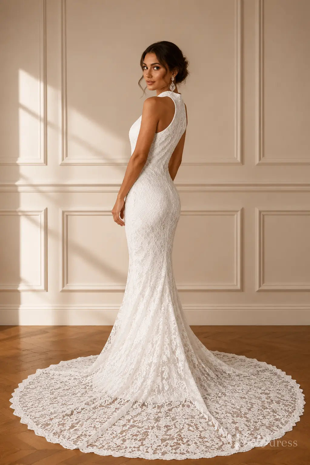 White lace mermaid wedding dress with a high neckline and elegant floor-length train, worn by a bride.