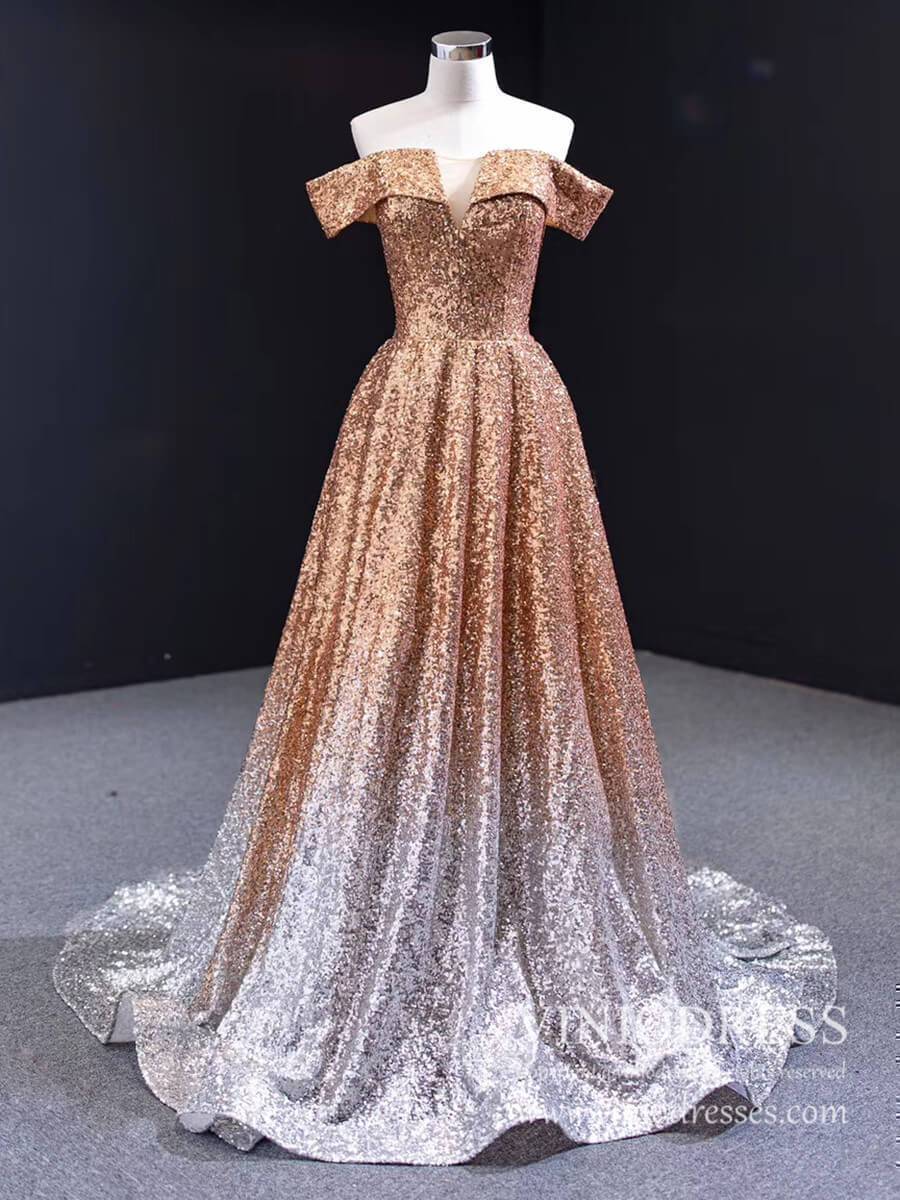 Sparkly Gold Silver Ombre Sequin Long Prom Dresses Off the Shoulder FD – Viniodress