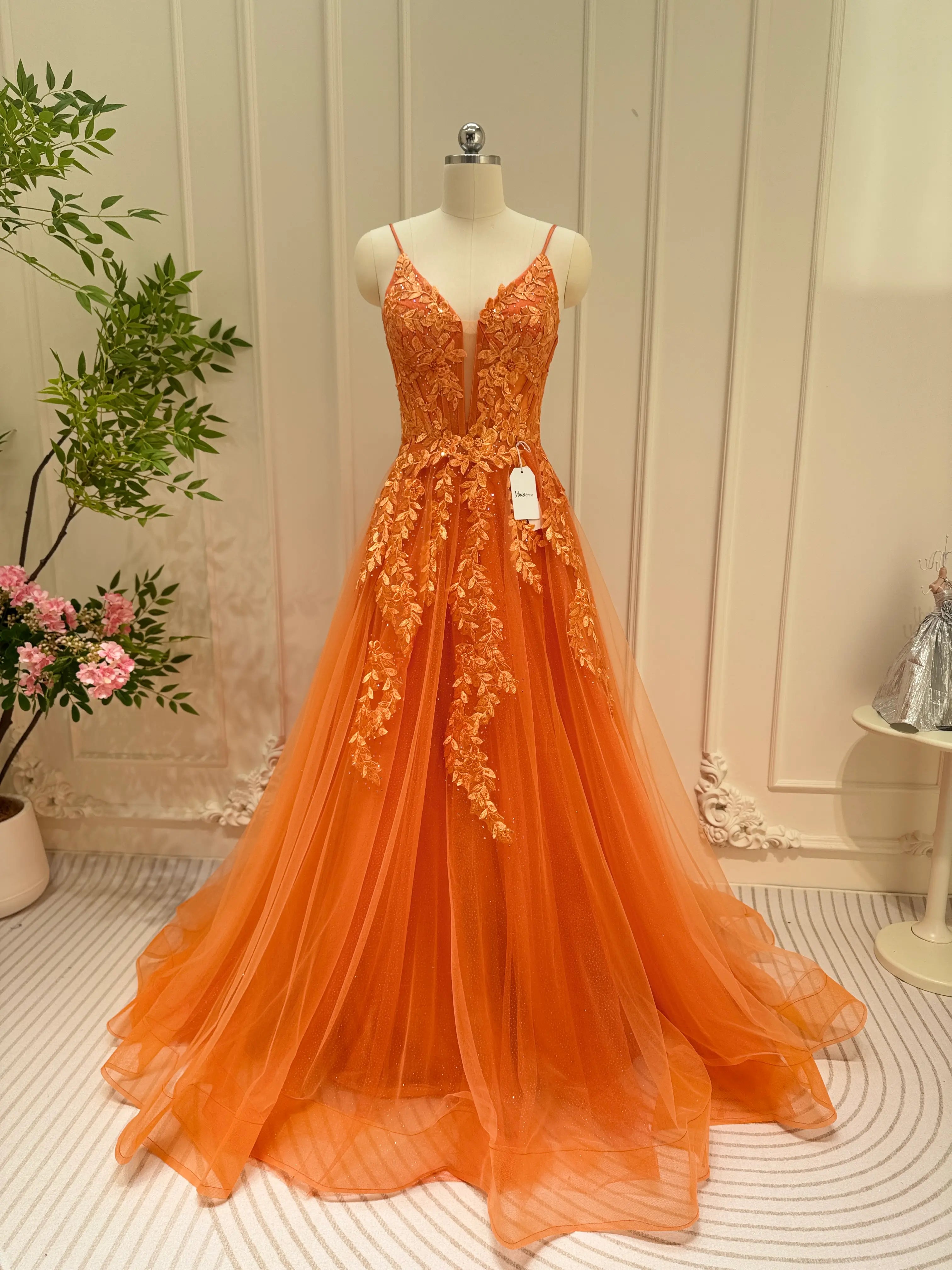 Sparkly Orange Tulle Prom Dresses Spaghetti Strap V-neck Lace Applique – Viniodress
