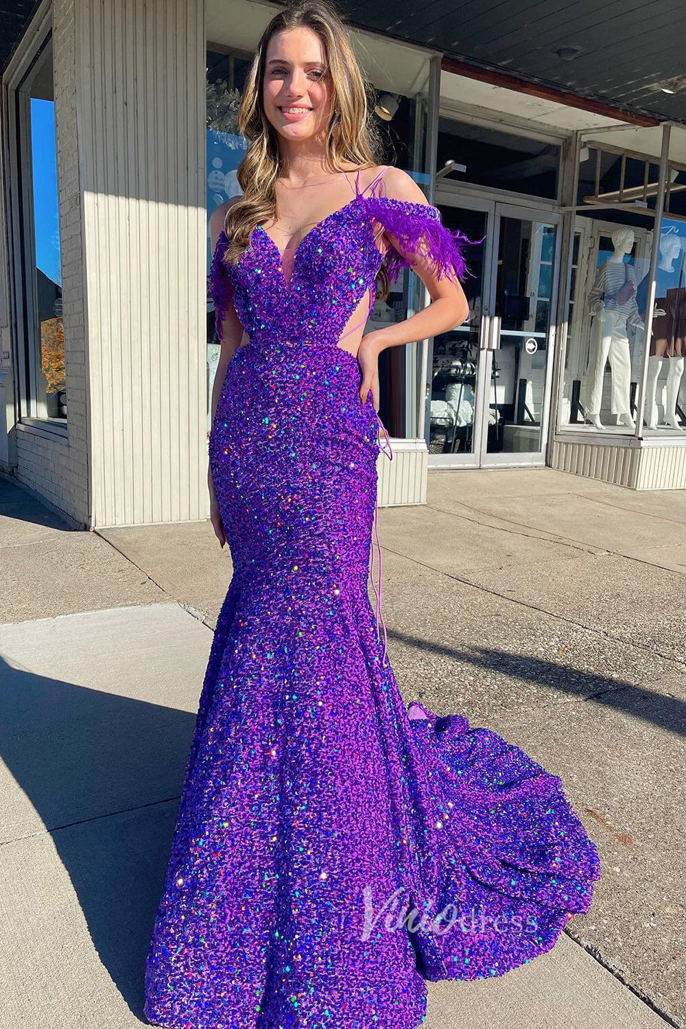 Sparkly Purple Sequin Mermaid Prom Dresses Feather Lace-up Back FD3520 – Viniodress