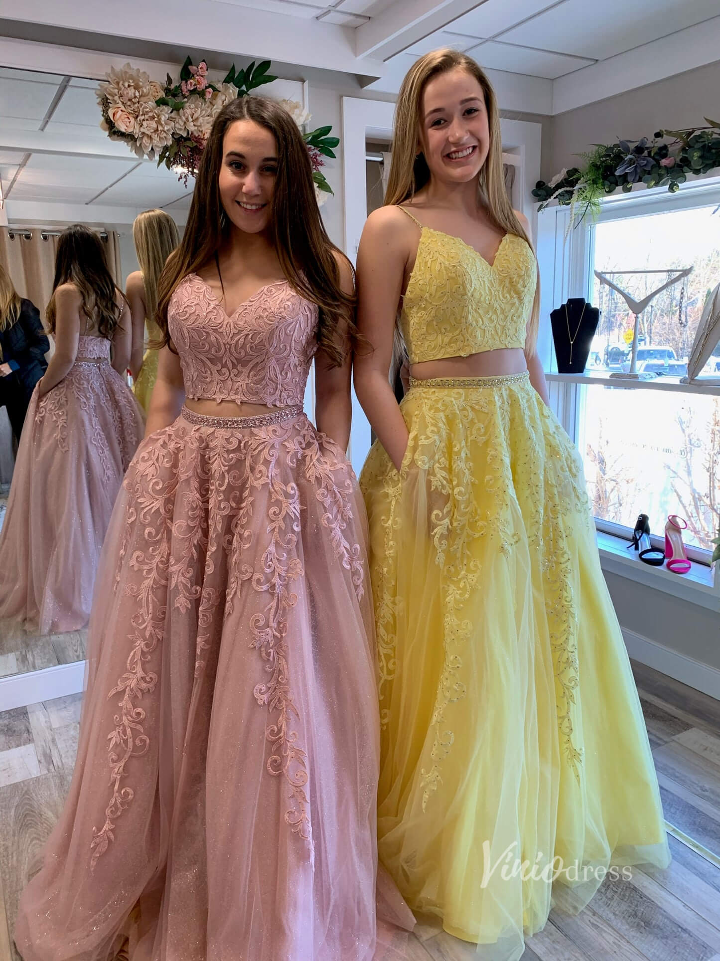 Sparkly Two Piece Prom Dresses Spaghetti Strap Lace Appliqued Long For – Viniodress