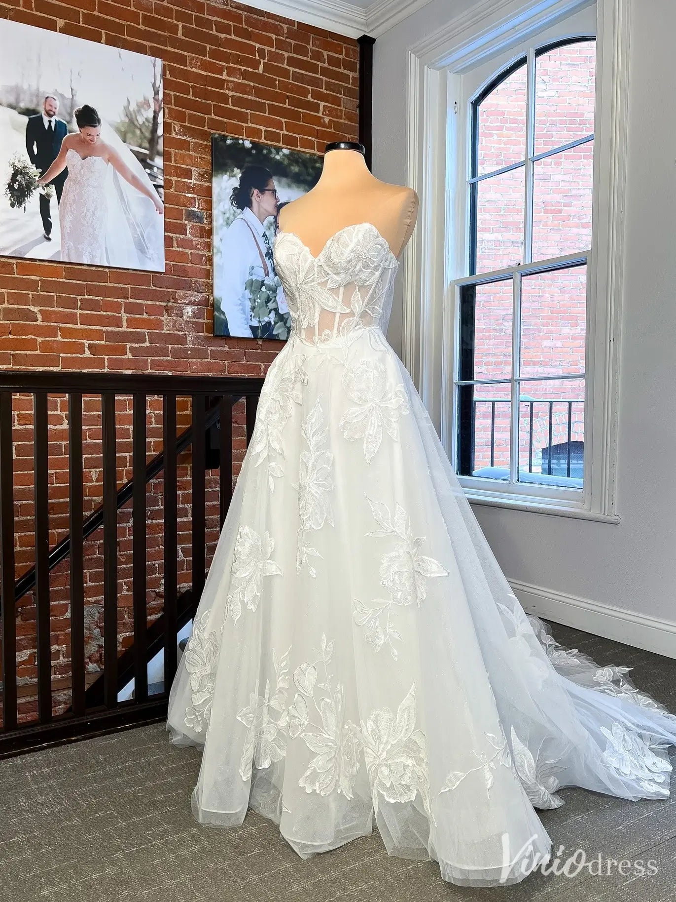 3D Floral Lace Tulle Wedding Dress VW2604 with Sheer Bodice – Viniodress