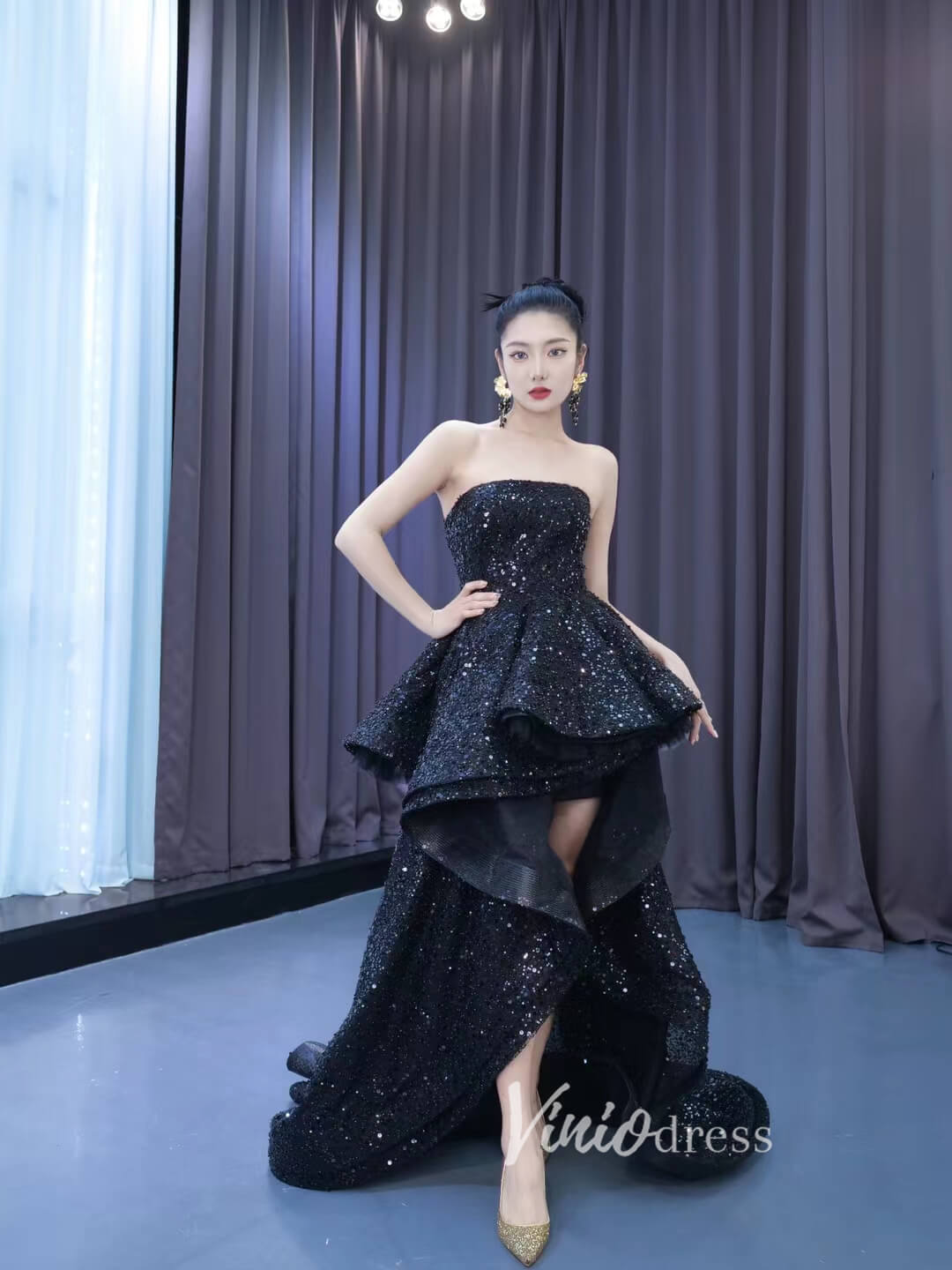 Strapless Beaded Black Ruffle Pageant Dress High-Low Prom Gown with Co – Viniodress