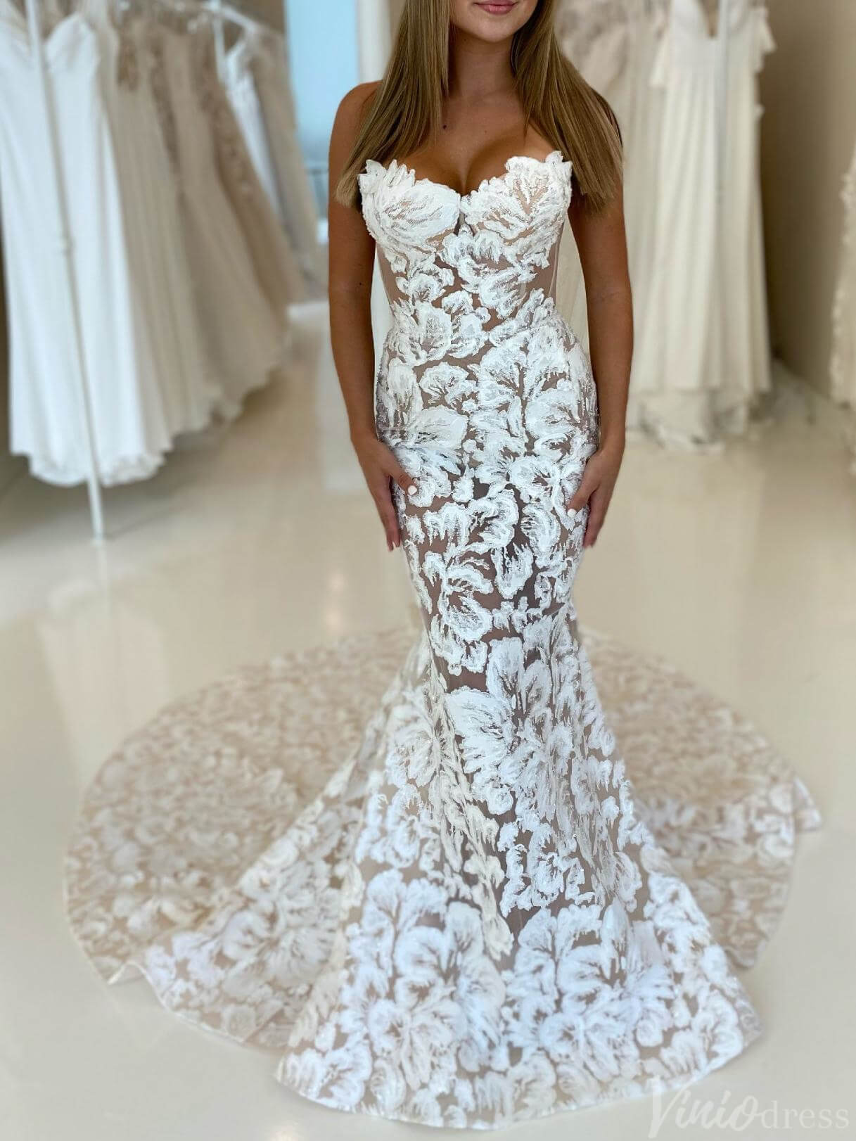 Strapless Boho Mermaid Wedding Dress Floral Embroidered Lace Gown with – Viniodress