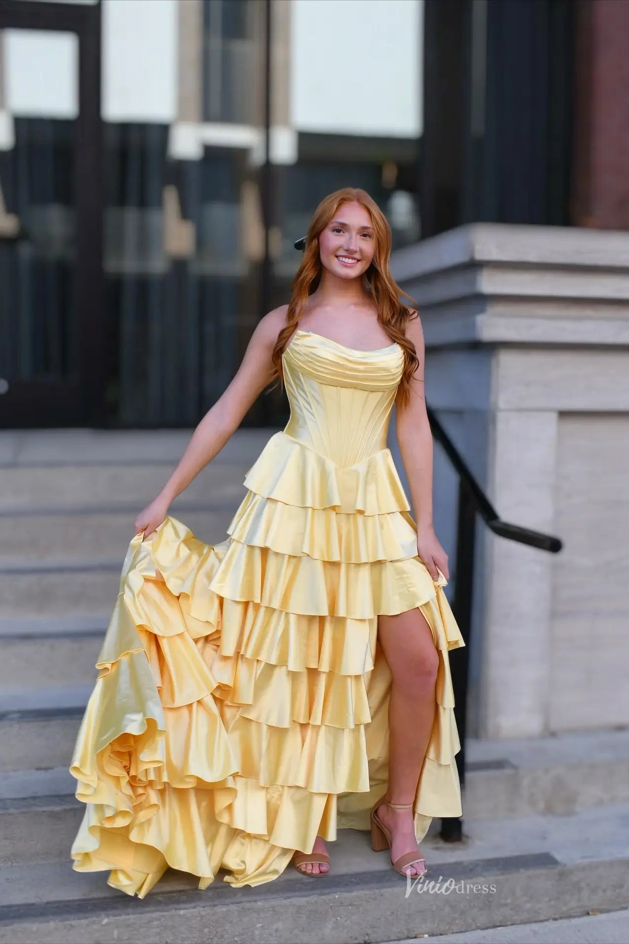 Strapless Butter Yellow Corset Prom Dresses with Tiered Ruffle Skirt a – Viniodress