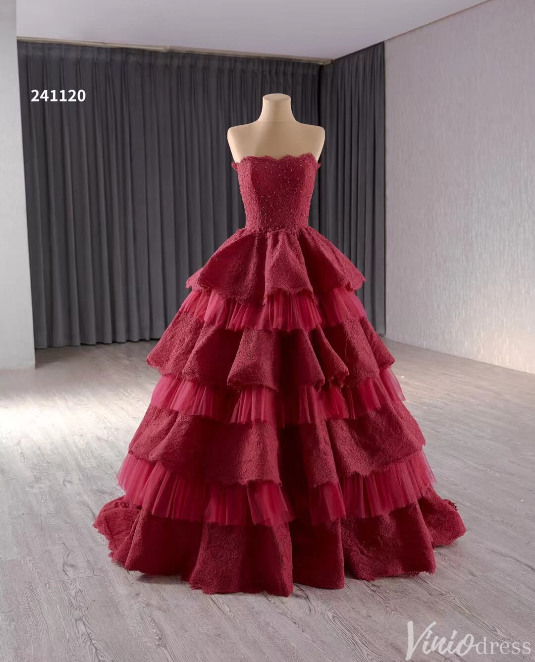 Strapless Dark Red Tiered Ball Gown Prom Dress Ruffled Lace Wedding Dr – Viniodress