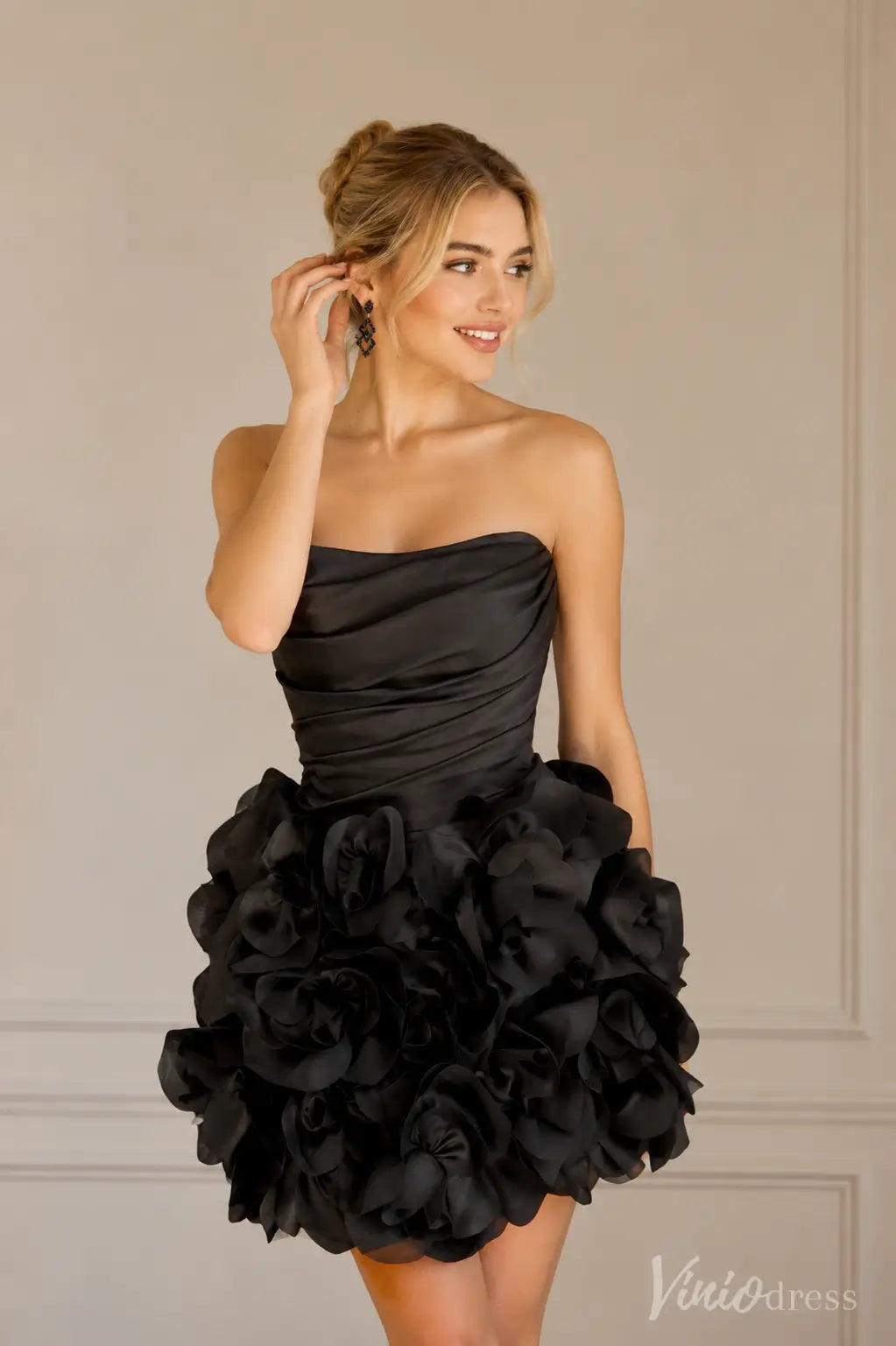 Strapless Draped Satin 3D Floral Homecoming Dress