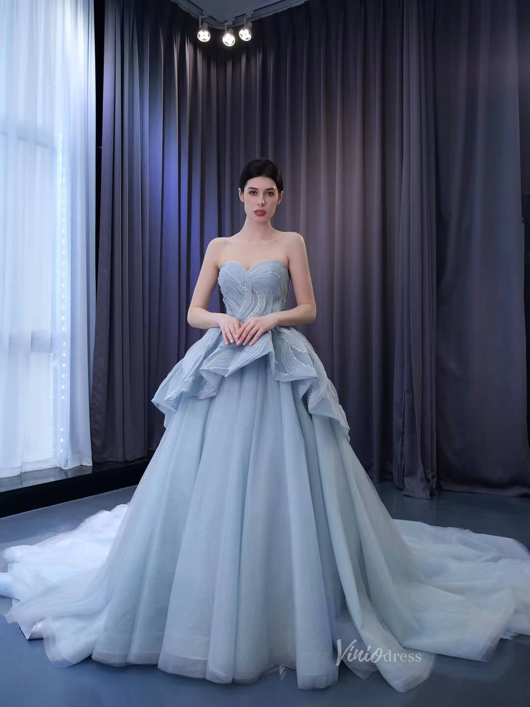 Strapless Dusty Blue Tulle Sweet 16 Ball Gowns Wedding Dresses 231064 – Viniodress