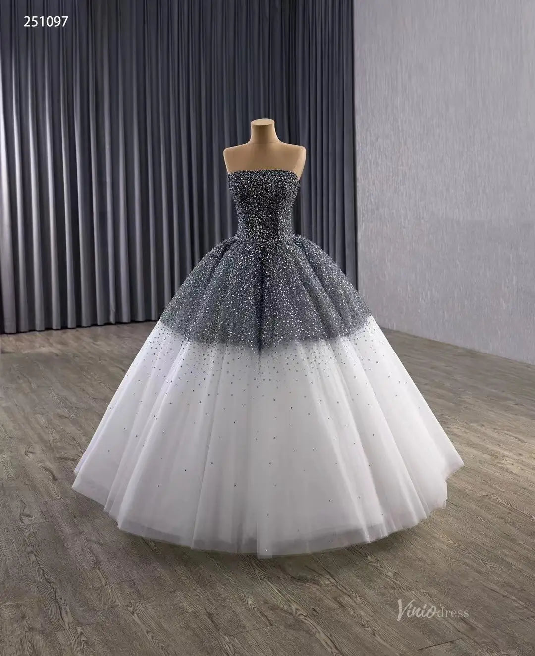grey beaded wedding dress Strapless and White Ball Gown with Bodice, Glitter Stone Skirt 251097 Sage Floral Print Layered