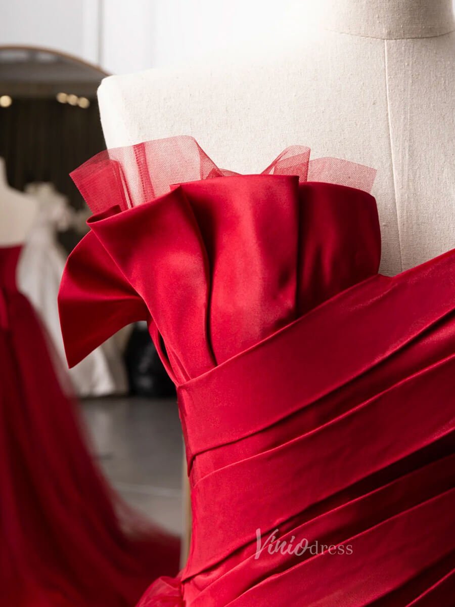 Red Strapless Prom Dresses Pleated Satin Formal Gown FD3238-prom dresses 2025 -Viniodress-Red-Custom Size-