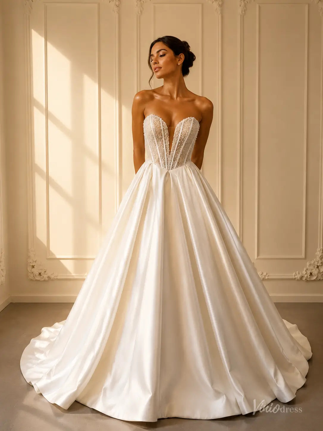 Satin Ball Gown Wedding Dress with Pearl Corset Bodice – MS101 – Viniodress