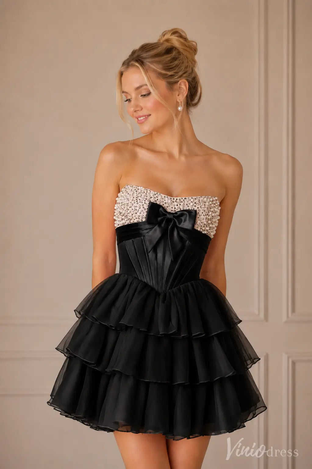 Tiered Ruffle Strapless Homecoming Dress with Beaded Bow