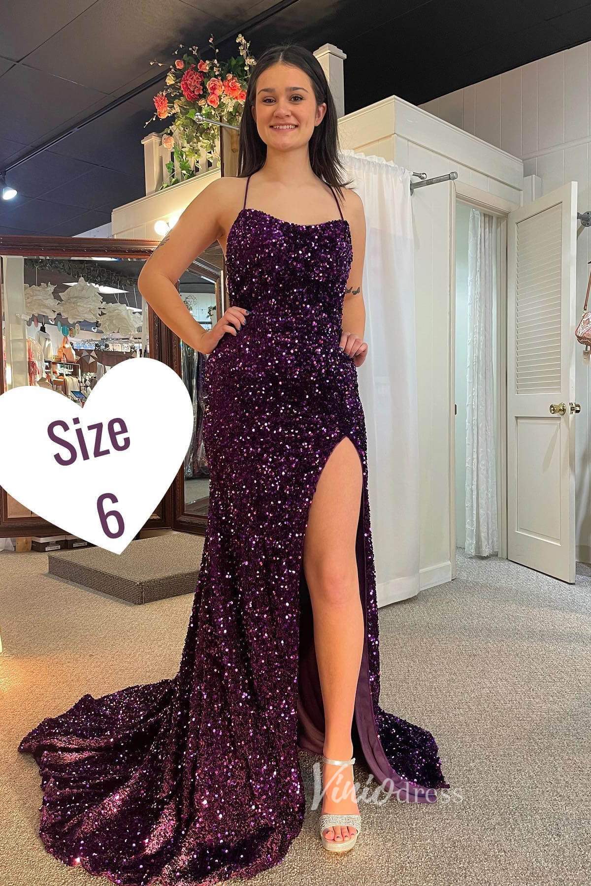 Stunning Purple Mermaid Sequin Prom Dress with Slit and Spaghetti Stra – Viniodress