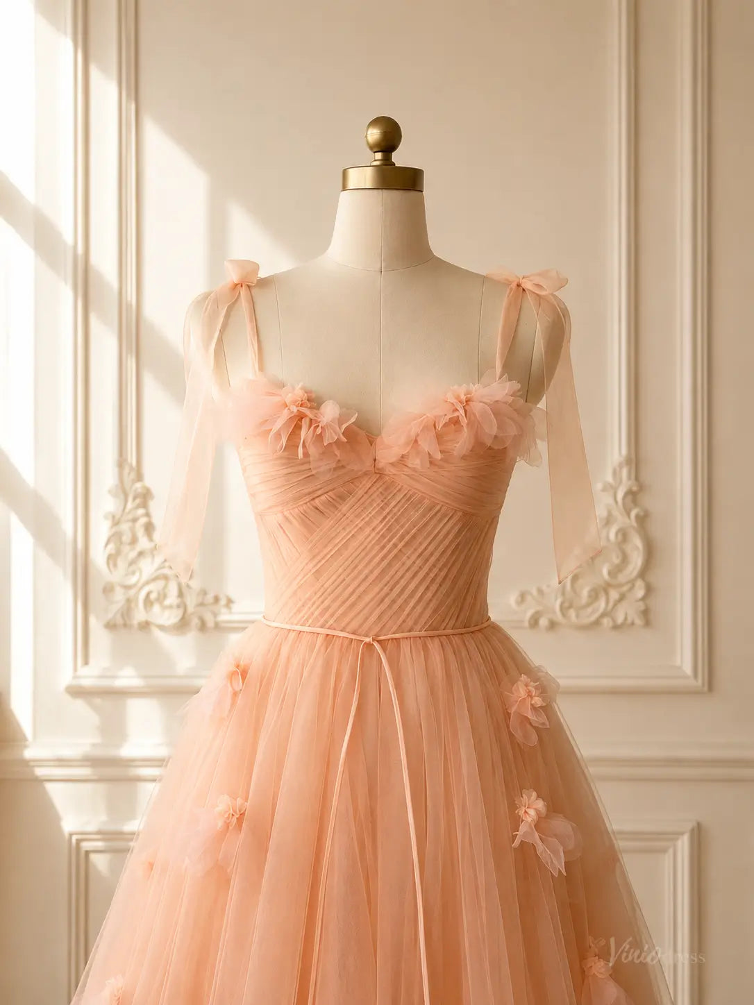 Peach Tulle Tea-Length Prom Dresses with 3D Flowers, Ruched Bodice & Corset Back TU028