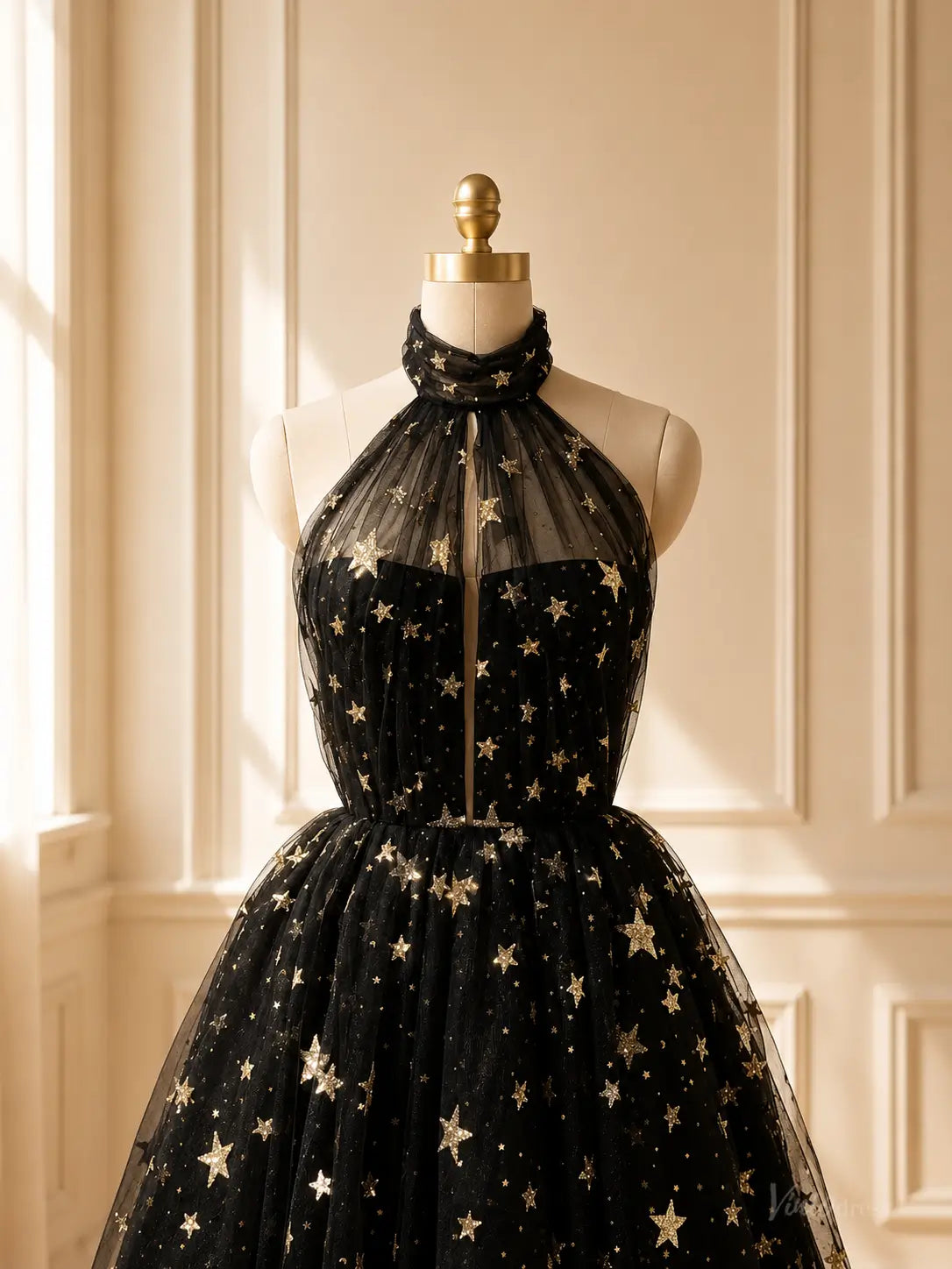 Black Star Tulle Tea-Length Prom Dresses with Halter Neck TU031