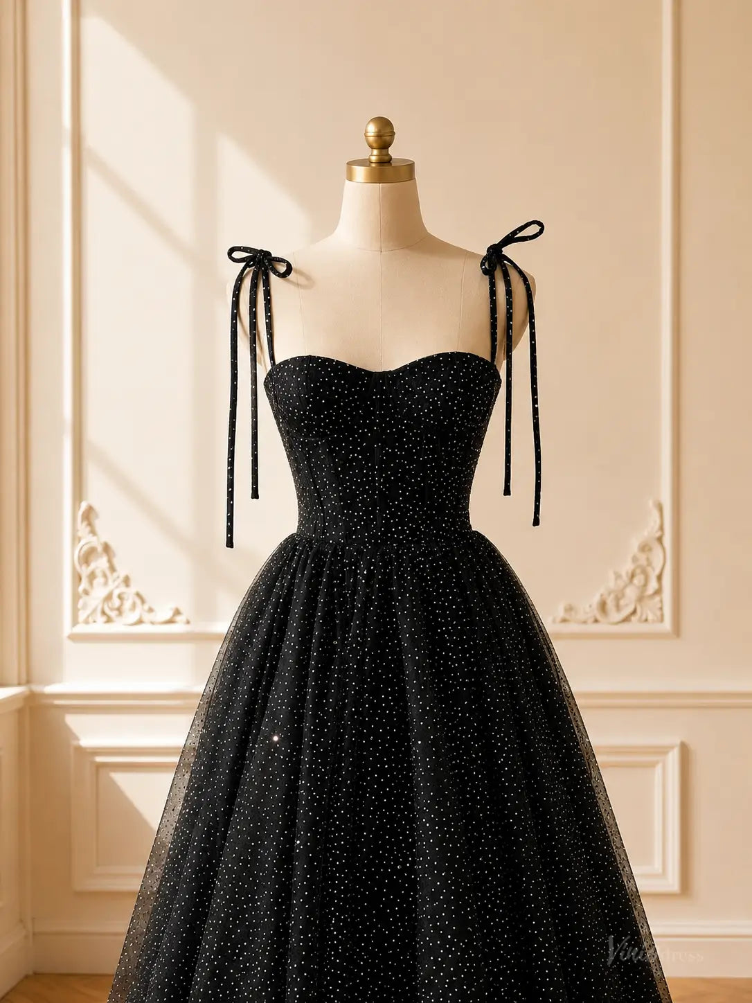 Black Sparkly Tulle Tea-Length Prom Dresses with Bow Tie Straps TU035