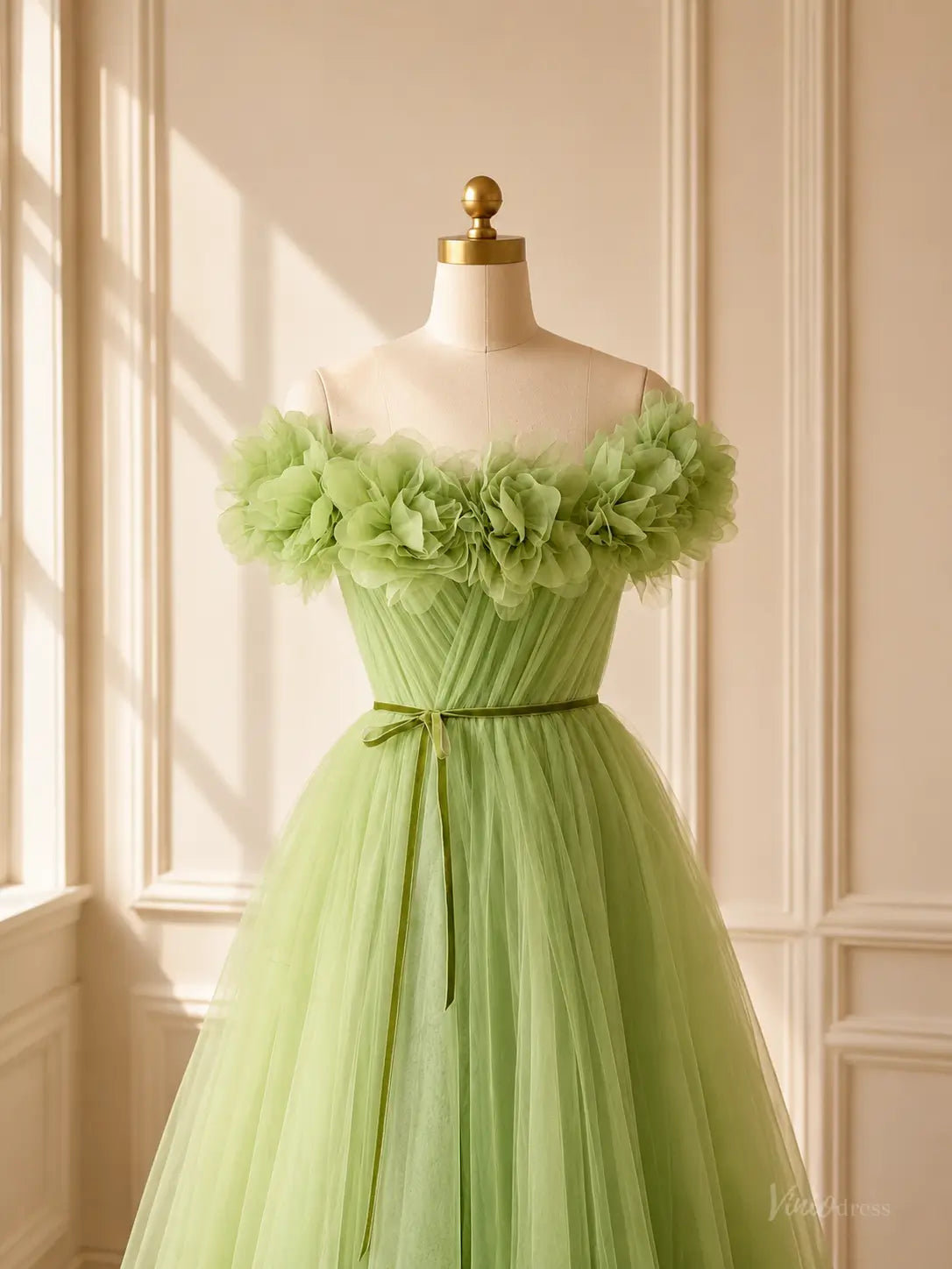 Sage Green Tulle Prom Dresses with 3D Ruffle Flowers, Off-Shoulder Neckline & Corset Back TU037