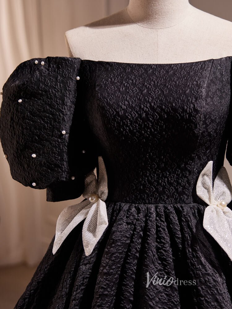 Tea Length Black Prom Dresses Vintage Puff Sleeve Jacquard Cocktail Dress BJ003-prom dresses 2025 -Viniodress-Black-Custom Size-