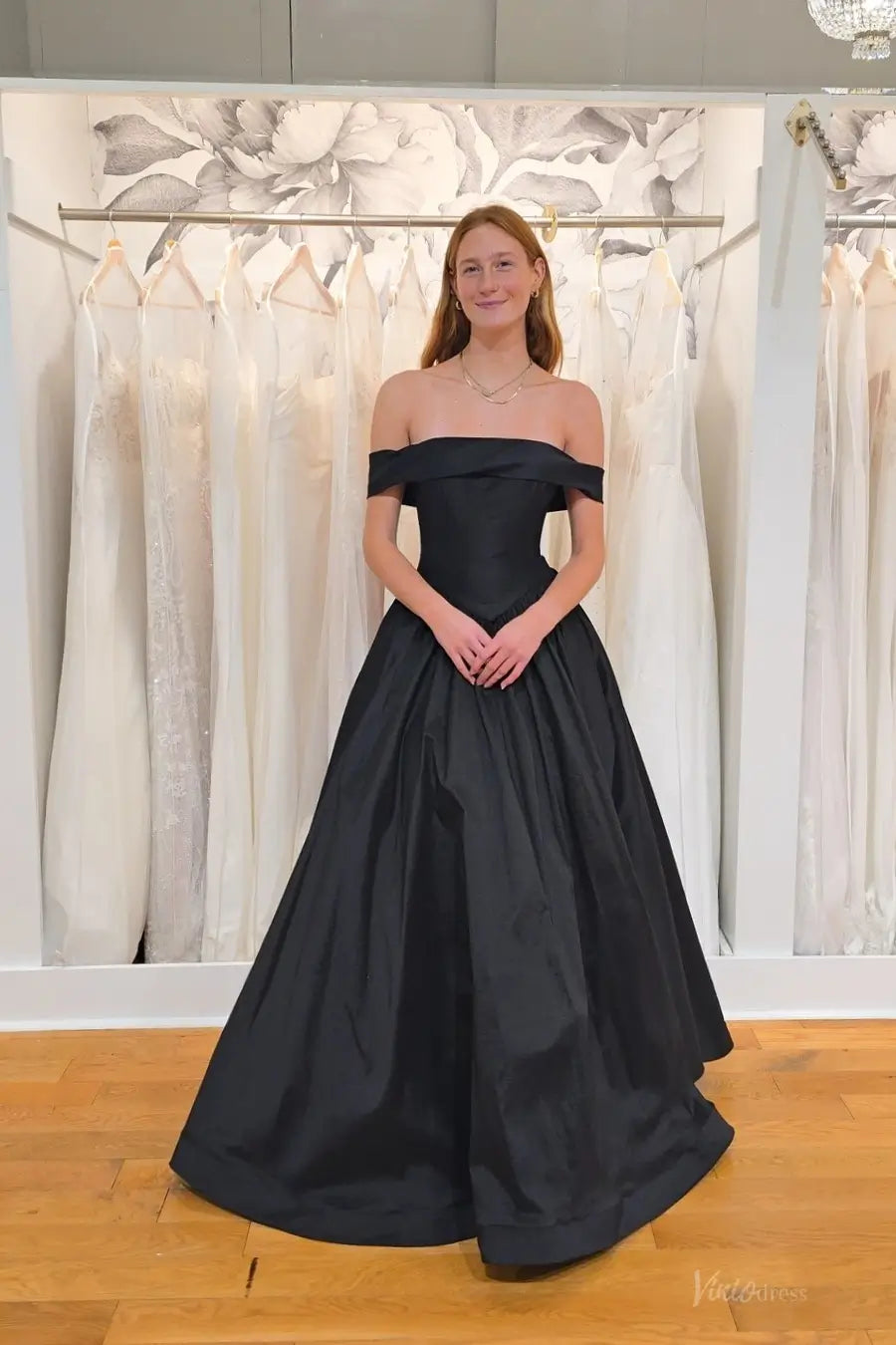 Black Off-the-Shoulder Satin Ball Gown Prom Dress, Basque Waist – AS071 – Viniodress